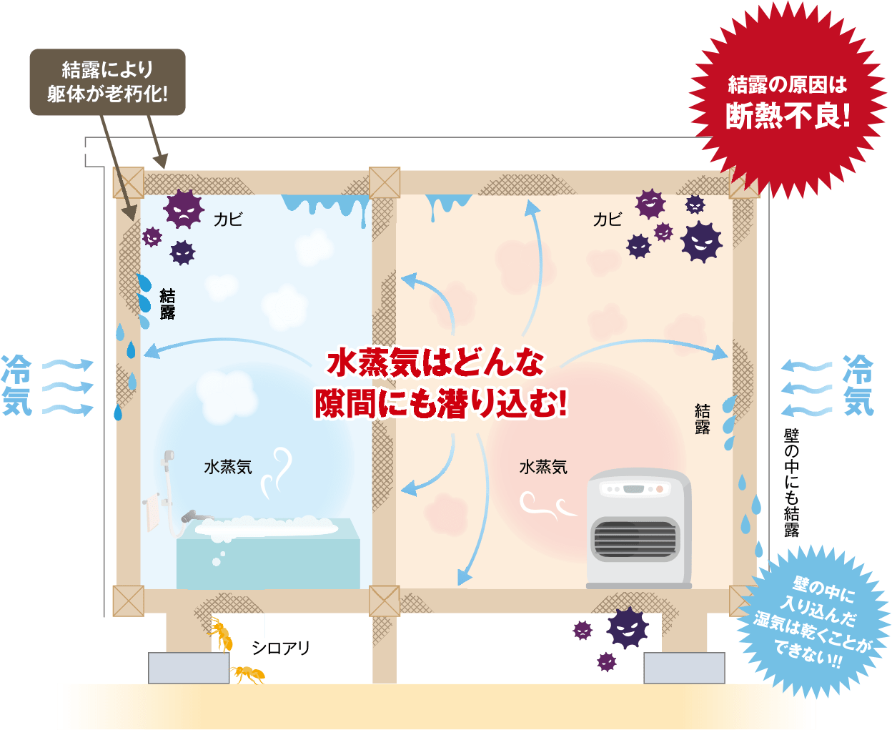 サッシやガラス部分に結露が発生